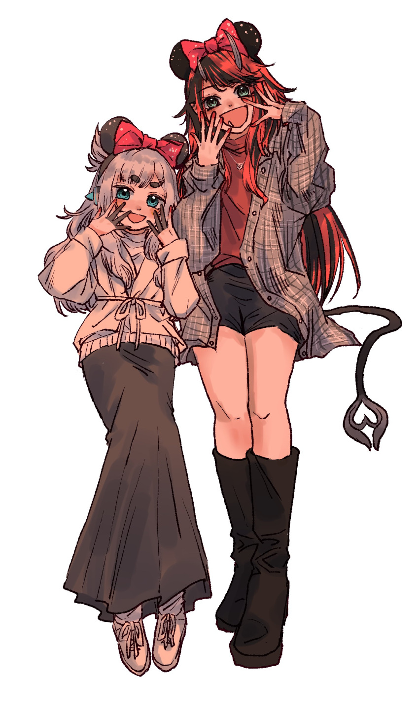 2girls :d absurdres alternate_costume amaotome and_uge black_footwear black_hair black_shorts black_skirt blue_eyes blunt_bangs blush boots bow commentary demon_girl demon_horns demon_tail finger_cots full_body grey_hair grey_shirt grey_sweater hair_bow highres horns long_hair long_skirt long_sleeves looking_at_viewer medium_bangs minnie_mouse_ears multicolored_hair multiple_girls nanashi_inc. open_clothes open_mouth open_shirt plaid plaid_shirt pointy_ears red_bow red_hair red_shirt ryugasaki_rene shirt shorts simple_background skirt smile sweater tail thick_eyebrows two-tone_hair virtual_youtuber white_background