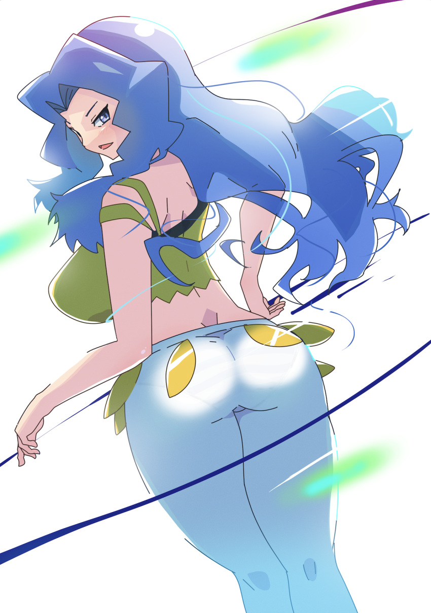 1girl ass back backlighting bare_arms bare_shoulders blue_eyes blue_hair breasts crop_top hand_on_own_hip highres karen_(pokemon) large_breasts light_blue_hair long_hair masamu_(leonore69) midriff pants parted_bangs pokemon pokemon_(game) pokemon_hgss shirt solo spaghetti_strap wavy_hair white_pants yellow_shirt