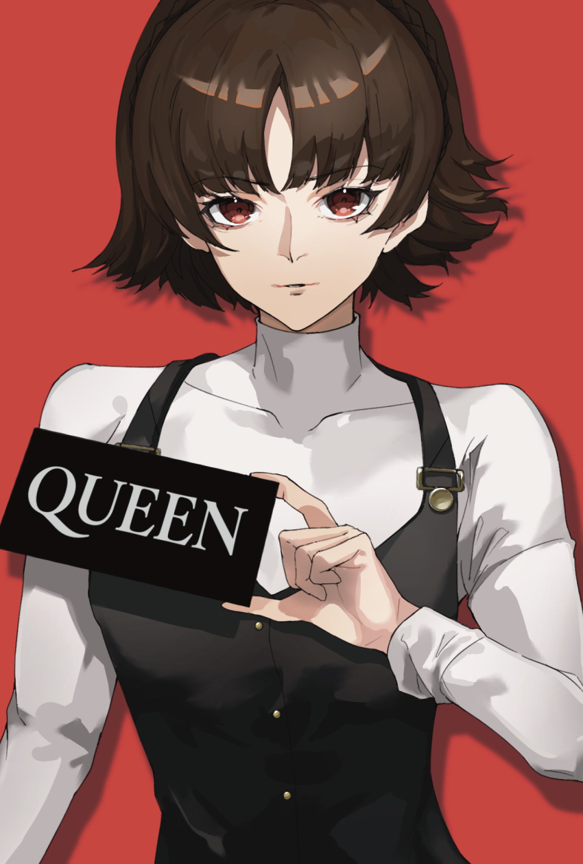 1girl braid brown_hair card closed_mouth collarbone commentary crown_braid english_commentary english_text eroka404 hand_up highres holding holding_card long_sleeves looking_at_viewer niijima_makoto persona persona_5 red_background red_eyes shirt short_hair simple_background solo turtleneck upper_body white_shirt