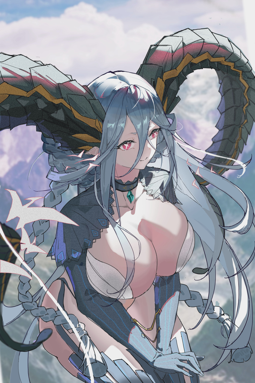 1girl absurdres blue_choker blue_hair braid breasts chinese_commentary choker cleavage closed_mouth cloud cloudy_sky commentary_request curled_horns fate/grand_order fate_(series) gem gloves green_gemstone green_horns hair_between_eyes highres horns huge_breasts large_horns long_horns pointy_ears red_eyes shrug_(clothing) sky smile solo striped striped_gloves symbol-shaped_pupils tiamat_(fate) twin_braids twintails vertical-striped_gloves vertical_stripes x-shaped_pupils x_x xinlingjitang