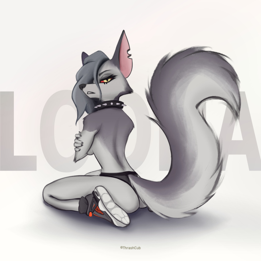 anthro black_nose canid canid_demon clothed clothing collar demon female footwear fur grey_body grey_fur grey_hair grey_tail hair hair_over_eye hellhound helluva_boss hi_res long_ears long_tail looking_at_viewer loona_(helluva_boss) mammal multicolored_body multicolored_fur narrowed_eyes notched_ear one_eye_obstructed panties partially_clothed pink_inner_ear shoes simple_background sitting sneakers solo spiked_collar spikes tail thrashcub two_tone_body two_tone_fur two_tone_tail underwear