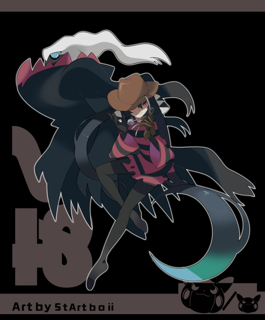 1girl brown_headwear cosplay dark_green_hair dark_miku_(project_voltage) darkrai freddy_krueger freddy_krueger_(cosplay) gloves hair_between_eyes hat hatsune_miku highres long_hair looking_at_viewer one_eye_covered pokemon pokemon_(creature) project_voltage red_eyes shirt single_glove smile startboii striped striped_shirt torn_clothes twintails uneven_twintails very_long_hair vocaloid