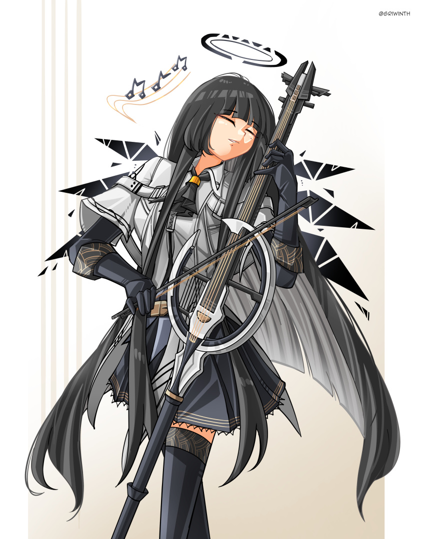 1girl absurdres arknights artist_name arturia_(arknights) ascot black_ascot black_dress black_gloves black_hair black_halo black_thighhighs black_wings blunt_bangs bow_(music) broken_halo closed_eyes collared_jacket cowboy_shot dark_halo detached_wings dress elbow_gloves energy_wings english_commentary gloves griwinth halo highres hime_cut holding holding_bow_(music) holding_violin instrument jacket light_smile long_hair mole mole_under_eye music musical_note parted_lips playing playing_instrument sidelocks simple_background solo spoken_musical_note standing thighhighs twitter_username very_long_hair violin white_background white_jacket wings