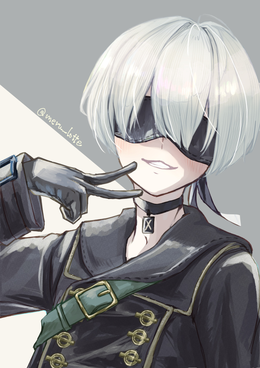 1boy bishounen black_blindfold black_coat black_gloves blindfold choker coat gloves highres male_focus meru_lotte nier:automata nier_(series) short_hair smile solo upper_body v white_hair yorha_no._9_type_s