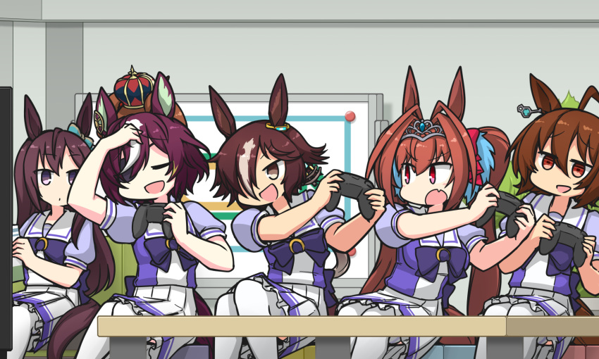 6+girls :d :o agnes_tachyon_(umamusume) ahoge animal_ears arm_up aston_machan_(umamusume) blue_shirt blush book bow brown_eyes brown_hair controller crown daiwa_scarlet_(umamusume) eyepatch fang frilled_skirt frills game_controller grey_hair hair_between_eyes hair_bow hamu_koutarou highres holding holding_book holding_controller holding_game_controller horse_ears horse_girl horse_tail indoors long_hair mejiro_dober_(umamusume) mini_crown multicolored_hair multiple_girls pleated_skirt puffy_short_sleeves puffy_sleeves purple_eyes purple_hair red_bow red_eyes school_uniform shirt short_sleeves skirt smile streaked_hair summer_uniform table tail tanino_gimlet_(umamusume) thighhighs tiara tracen_school_uniform twintails umamusume v-shaped_eyebrows very_long_hair vodka_(umamusume) white_skirt white_thighhighs