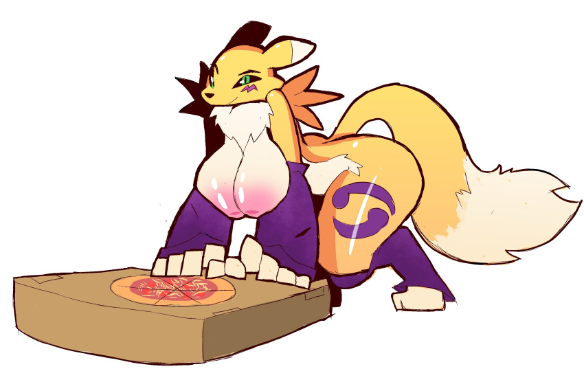2022 absurd_res anthro areola armwear bandai_namco breasts clothing digimon digimon_(species) dipstick_ears dipstick_tail eks-out female fur green_eyes hi_res legwear markings mostly_nude multicolored_ears nipples pizza_box renamon simple_background smile solo tail tail_markings tuft white_background white_body white_fur yellow_body yellow_fur