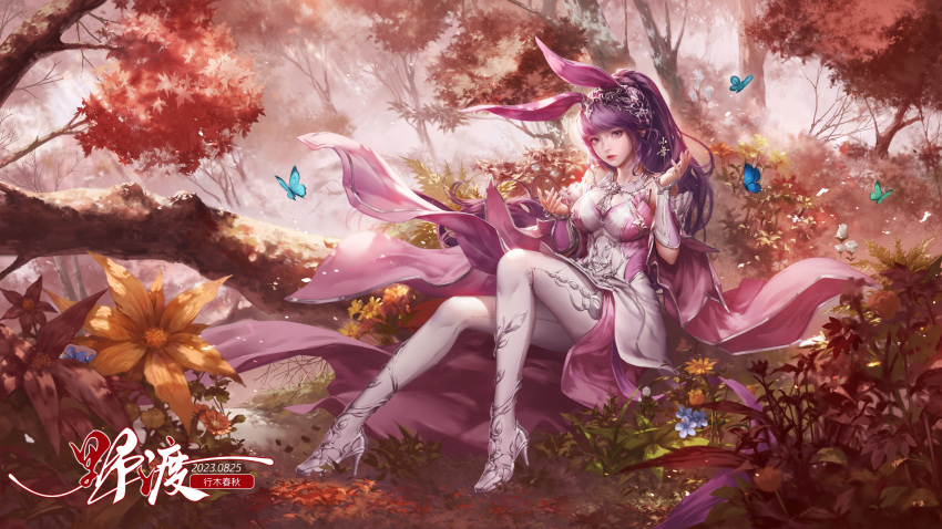 1girl absurdres animal_ears antilous black_hair bug butterfly closed_mouth douluo_dalu expressionless fog forest grass hair_ornament hand_up high_heels highres long_hair nature pantyhose ponytail rabbit_ears second-party_source sitting solo white_pantyhose xiao_wu_(douluo_dalu)