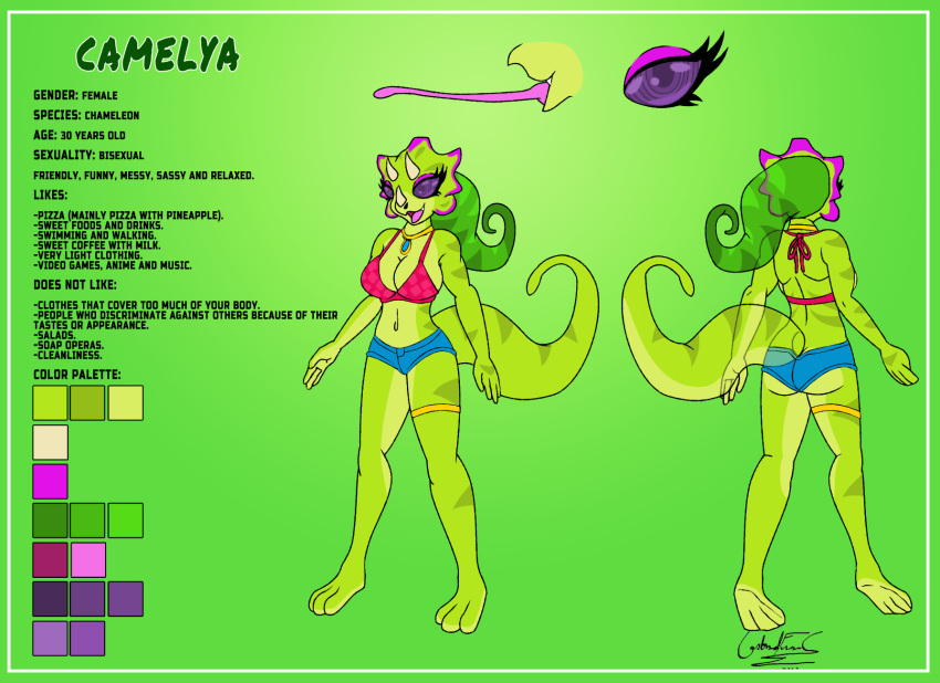 4_fingers anthro bottomwear camelya chameleon clothing collar english_text fan_character female fingers green_body hi_res horn lizard model_sheet overlord_gabriel purple_eyes reptile scalie shorts solo text