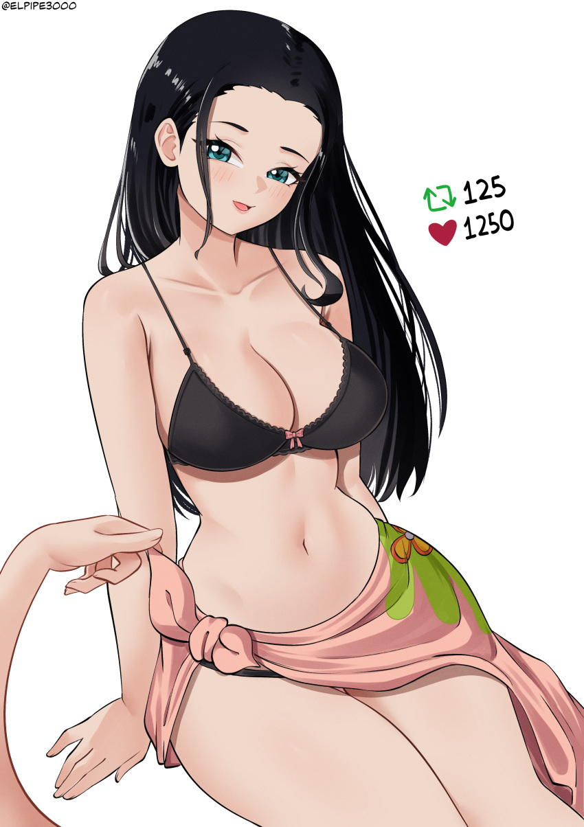 1girl absurdres aqua_eyes artist_name black_bra black_hair bra breasts cleavage collarbone elpipe_3000 english_commentary extra_arms floral_print forehead highres large_breasts long_hair looking_at_viewer meme navel nico_robin one_piece open_mouth panties panty_peek pink_sarong print_sarong sarong simple_background sitting solo stomach strap_gap twitter_strip_game_(meme) underwear white_background