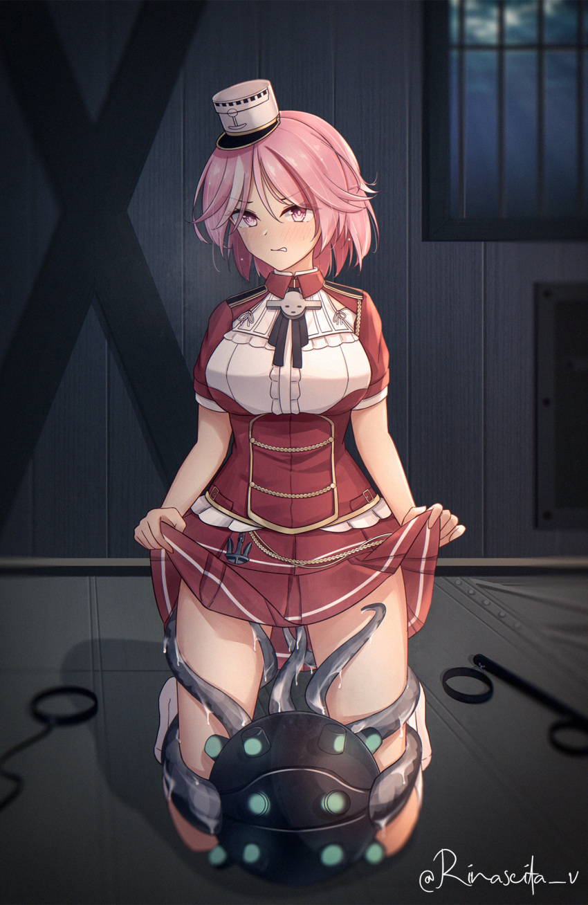 1girl abyssal_ship aiguillette armpit_cutout aticsanir breasts clothes_lift clothing_cutout enemy_naval_mine_(kancolle) epaulettes giuseppe_garibaldi_(kancolle) hat highres kantai_collection large_breasts lifted_by_self mini_hat miniskirt pink_eyes pink_hair pleated_skirt red_shirt red_skirt shirt short_hair short_sleeves skirt skirt_lift socks tentacle_sex tentacles white_headwear white_socks