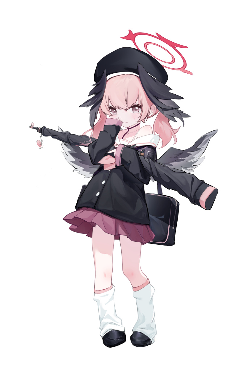 1girl absurdres aged_down beret black_bag black_footwear black_headwear black_shirt black_wings blue_archive blush closed_mouth commentary_request feathered_wings full_body gun halo hand_up hat head_wings highres holding holding_gun holding_weapon koharu_(blue_archive) leg_warmers long_hair long_sleeves low_twintails lpbsff pink_eyes pink_hair pink_skirt pleated_skirt red_halo shirt shoes simple_background single-shoulder_shirt single_bare_shoulder skirt solo tattoo tearing_up twintails weapon white_background wings
