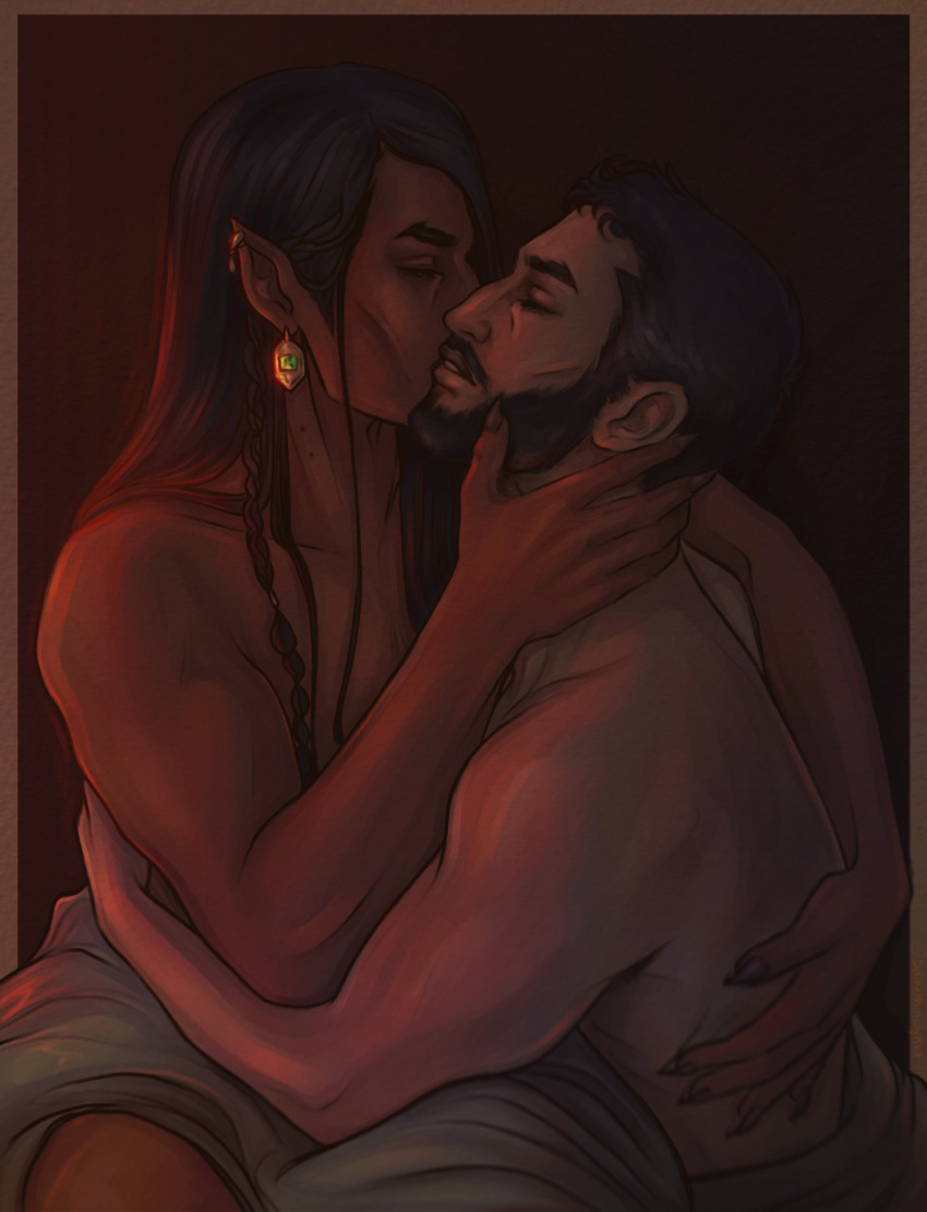 2boys bara beard bismuthmagnet black_hair brown_hair buzz_cut castlevania castlevania:_nocturne couple covering dark-skinned_male dark_skin facial_hair foreplay hand_on_another's_neck highres kiss long_hair male_focus mature_male mizrak_(castlevania) multiple_boys nude_cover olrox pointy_ears short_hair thick_eyebrows thick_thighs thighs toned toned_male topless_male very_short_hair yaoi