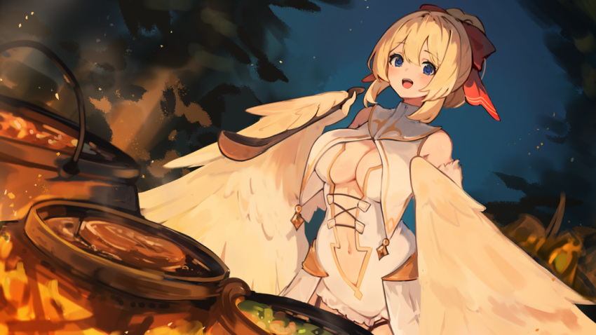 1girl :d bare_shoulders blonde_hair blue_eyes bow breasts center_opening cleavage commission cooking copyright_request dress fire grilling hair_bow harpy holding holding_ladle ladle lansane large_breasts looking_at_viewer monster_girl navel night open_mouth outdoors red_bow sidelocks skeb_commission smile solo teeth upper_teeth_only white_dress winged_arms wings