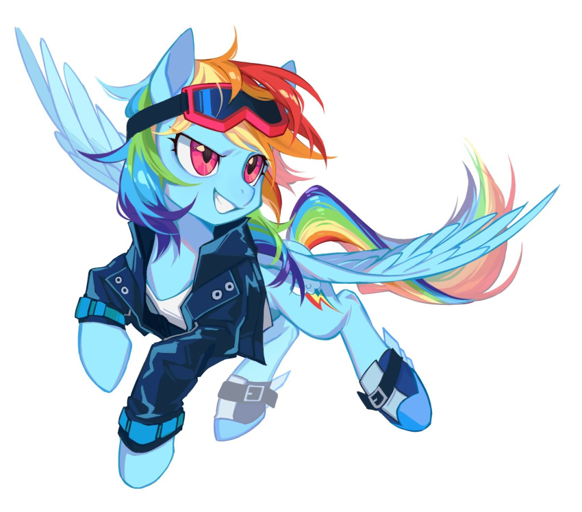 7hundredt blue_body blue_feathers clothing cutie_mark digital_media_(artwork) equid equine eyelashes eyewear eyewear_on_head feathers female feral flying footwear friendship_is_magic goggles goggles_on_head grin hair hasbro hi_res jacket mammal multicolored_hair multicolored_tail my_little_pony pegasus pink_eyes rainbow_dash_(mlp) rainbow_hair rainbow_tail shirt shoes simple_background smile spread_wings tail topwear white_background wings