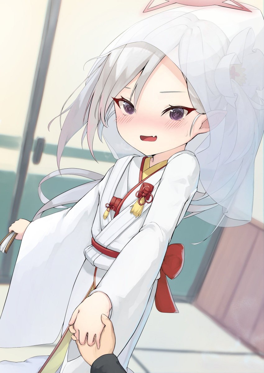 @_@ absurdres alternate_costume blue_archive blurry blush commentary_request depth_of_field flower folding_fan grey_hair hair_flower hair_ornament halo hand_fan highres holding holding_fan holding_hands indoors japanese_clothes kimono mutsuki_(blue_archive) out_of_frame pointy_ears pov pov_hands purple_eyes see-through sensei_(blue_archive) shiromuku shouji sliding_doors tatami uchikake wataboushi xiao_xiao_tian