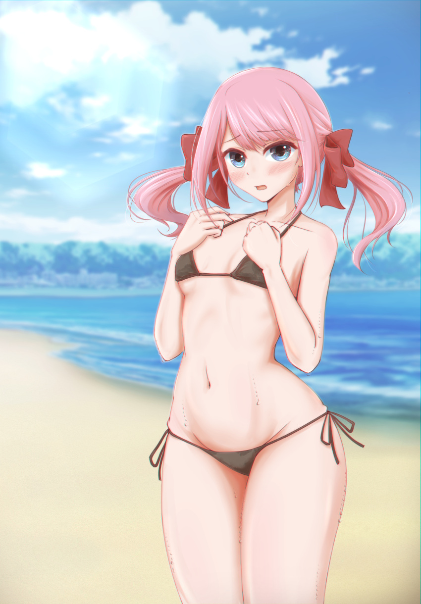 1girl assault_lily bare_arms bare_shoulders beach bikini black_bikini blue_eyes blue_sky blurry blurry_background blush bow breasts chromatic_aberration cloud commentary_request cowboy_shot day groin hair_bow halterneck hands_on_own_chest hands_up highres long_hair looking_at_viewer micro_bikini navel outdoors parted_lips pink_hair raised_eyebrows red_bow sadamori_himeka side-tie_bikini_bottom sidelocks sky small_breasts solo standing stomach string_bikini swimsuit twintails water wet yajiuma_no_jesse