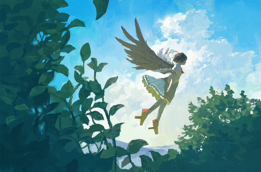 1girl bird_wings black_hair black_skirt black_socks black_wings cloud cloudy_sky day feathered_wings fjsmu flying frilled_skirt frills geta hat highres kneehighs pom_pom_(clothes) red_footwear red_headwear shameimaru_aya shirt short_hair short_sleeves skirt sky socks solo tengu-geta tokin_hat touhou white_shirt wings