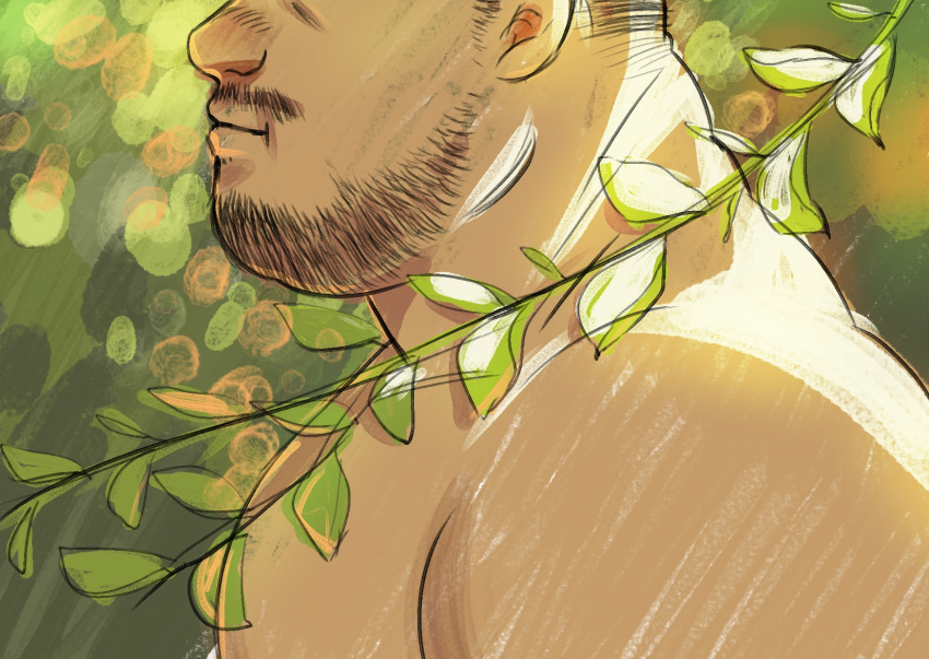 1boy bara beard_stubble close-up daisukebear from_side head_out_of_frame highres male_focus mature_male muscular muscular_male mustache_stubble nude original pectorals plant plump short_hair sideburns sideburns_stubble solo sunlight