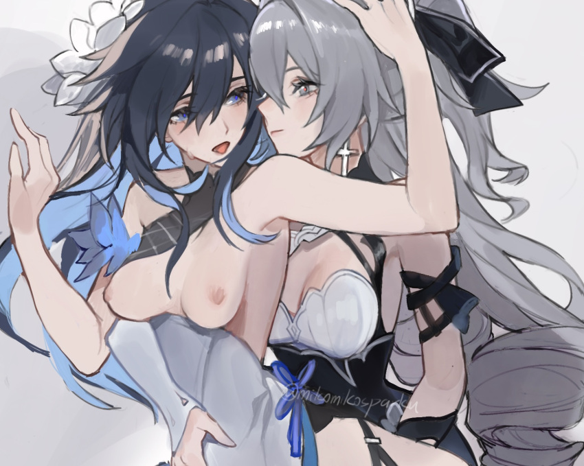 2girls aged_up assertive_female black_headwear breasts breasts_out bronya_zaychik bronya_zaychik_(silverwing:_n-ex) cleavage closed_mouth colored_inner_hair couple dress earrings english_commentary flower grey_hair hair_flower hair_ornament hand_on_another's_head hand_on_another's_stomach highres honkai_(series) honkai_impact_3rd jewelry looking_at_another medium_breasts mie_xing multicolored_hair multiple_girls nipples open_mouth seele_vollerei seele_vollerei_(herrscher_of_rebirth) simple_background small_breasts smile twitter_username upper_body white_background white_flower yuri