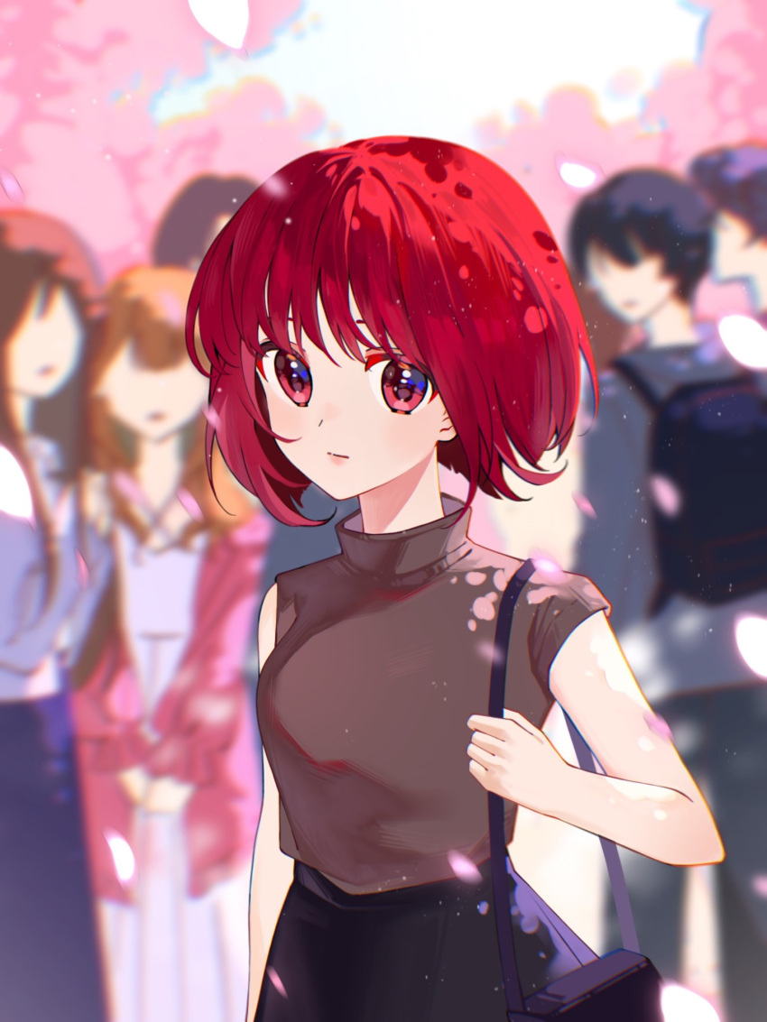 arima_kana bag black_bag black_skirt bob_cut brown_shirt cherry_blossoms closed_mouth falling_petals highres holding holding_bag inverted_bob looking_at_viewer multiple_boys multiple_girls oshi_no_ko people petals red_eyes red_hair shirt short_hair skinny skirt upper_body xiang_yu_pai