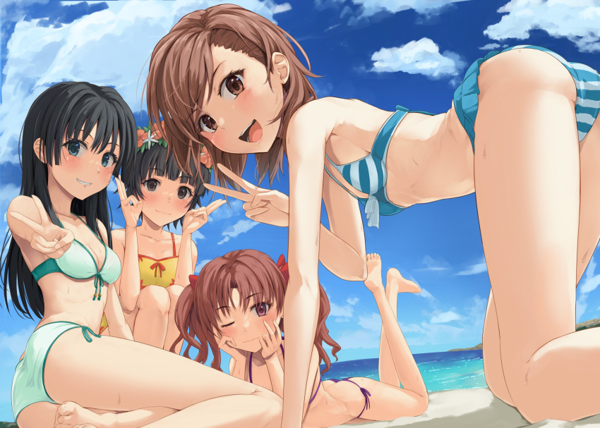 4girls :d ;) all_fours ass beach bikini bikini_skirt black_hair blue_bikini blue_eyes blue_sky bow breasts brown_eyes brown_hair cloud commentary_request double_v elbow_rest feet_up flower flower_wreath front-tie_bikini_top front-tie_top green_bikini hair_behind_ear hair_bow head_rest head_wreath highres k3rd long_hair looking_at_viewer lying medium_breasts medium_hair misaka_mikoto multiple_girls on_stomach one_eye_closed outdoors purple_bikini red_bow saten_ruiko shirai_kuroko short_hair side-tie_bikini_bottom sitting sky small_breasts smile squatting swimsuit toaru_kagaku_no_railgun toaru_majutsu_no_index toes twintails uiharu_kazari v wreath yellow_bikini yokozuwari