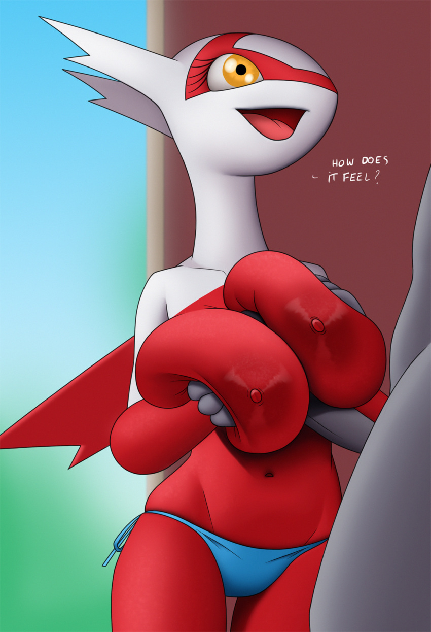 anthro areola big_breasts breast_play breasts clothed clothing creatiffy digital_media_(artwork) duo erection female generation_3_pokemon genitals hi_res huge_breasts humanoid latias legendary_pokemon male male/female nintendo nipples nude open_mouth penile penis pokemon pokemon_(species) red_areola red_nipples sex text titfuck tongue yellow_eyes