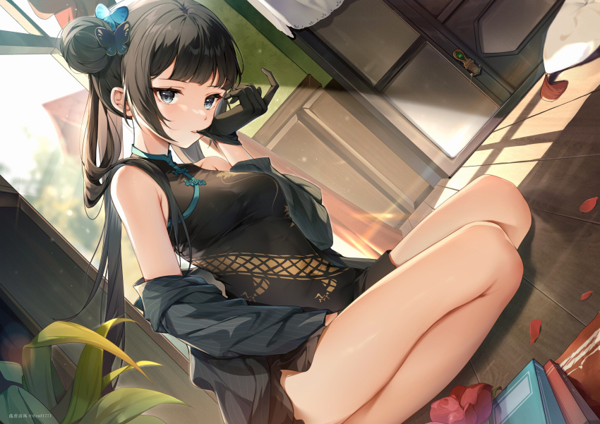 1girl absurdres artist_name black_dress black_eyes black_hair blue_archive breasts butterfly_hair_ornament china_dress chinese_clothes coat double_bun dragon_print dress floor grey_coat grey_halo guzangnanfeng hair_bun hair_ornament halo highres indoors kisaki_(blue_archive) long_hair petals small_breasts solo twintails window