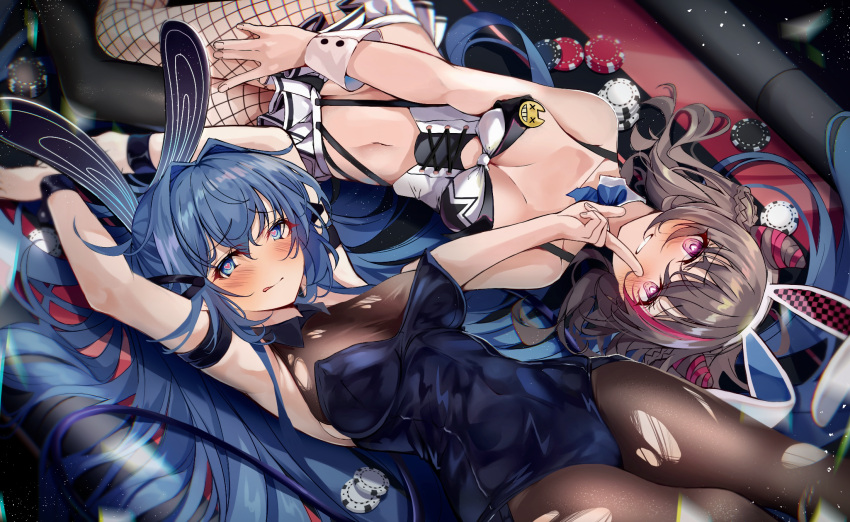 2girls animal_ears aqua_nails armpits azur_lane badge bare_shoulders black_leotard blue_eyes blue_hair blue_leotard blush bodystocking bow bowtie braid breasts button_badge cleavage crossed_bangs detached_collar fake_animal_ears finger_to_mouth fishnet_pantyhose fishnets grey_hair grin hair_between_eyes hair_ribbon heart heart-shaped_pupils heaven's_melody highres large_breasts leotard long_hair looking_at_viewer lying midriff miniskirt mixed-language_commentary multicolored_hair multiple_girls navel new_jersey_(azur_lane) new_jersey_(exhilarating_steps!)_(azur_lane) official_alternate_costume on_back pantyhose playboy_bunny pleated_skirt poker_chip purple_eyes rabbit_ears red_hair ribbon san_francisco_(azur_lane) san_francisco_(funny_bunny!)_(azur_lane) see-through_cleavage sidelocks skirt smile strapless strapless_leotard streaked_hair suspender_skirt suspenders symbol-shaped_pupils teeth torn_bodystocking torn_clothes twintails very_long_hair white_skirt wrist_cuffs
