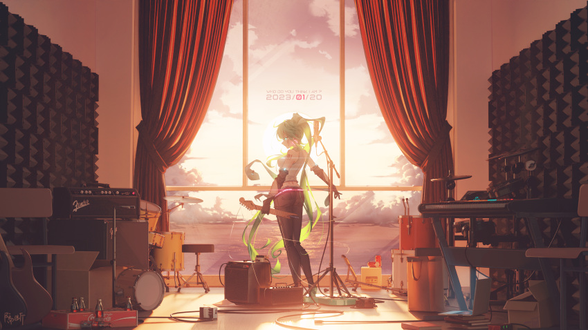 1girl adapted_costume amplifier aqua_eyes aqua_hair backlighting black_pantyhose black_shorts broken_guitar closed_mouth coca-cola curtains dated drum drum_set english_text from_behind full_body geduan grey_shirt guitar hatsune_miku highres indoors instrument long_hair looking_at_viewer looking_back microphone microphone_stand pantyhose pantyhose_under_shorts red_curtains scenery shirt shoe_soles shorts shoulder_tattoo sleeveless sleeveless_shirt solo standing sunset tattoo very_long_hair vocaloid window