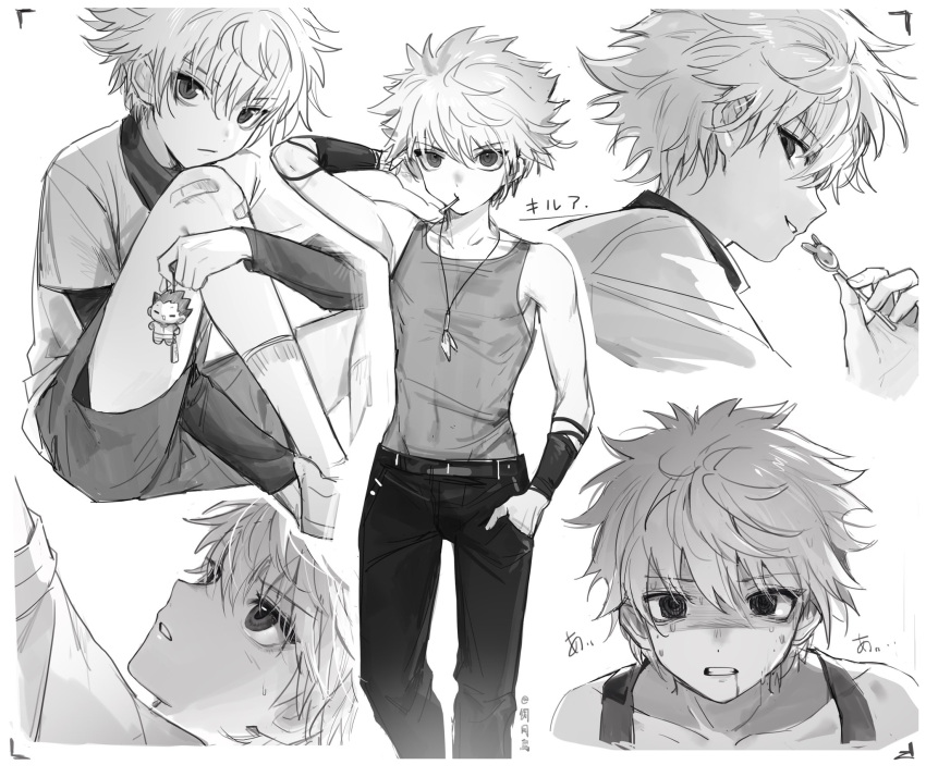 1boy bandaid candy character_name charm_(object) closed_mouth food gon_freecss greyscale hair_between_eyes hand_in_pocket highres holding hunter_x_hunter jewelry kiko killua_zoldyck lollipop male_focus monochrome mouth_hold multiple_views necklace pants parted_lips shaded_face shorts simple_background sitting socks spiked_hair tank_top