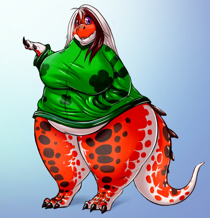 2017 anthro belly bottomless bottomless_anthro bottomless_female chubby_anthro chubby_female claws clothed clothing dinosaur fangs female front_view hair hand_in_pocket hi_res holidays looking_at_viewer overweight overweight_anthro overweight_female pockets reptile scales scalie shenzel slightly_chubby solo st._patrick's_day standing teeth theropod thick_thighs tiptoes toe_claws trinity_(shenzel) tyrannosaurid tyrannosaurus tyrannosaurus_rex wide_eyed wide_hips