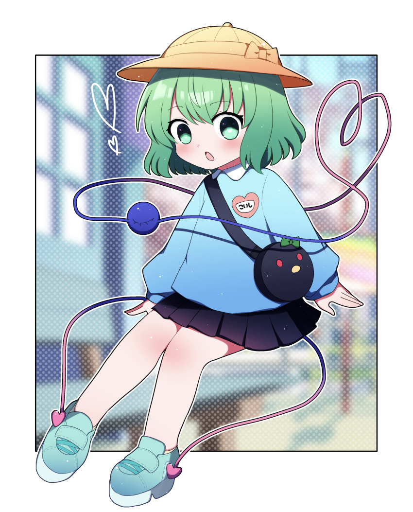 1girl absurdres aqua_footwear bag black_skirt blue_shirt blush collared_shirt full_body green_eyes green_hair hair_between_eyes hat heart heart_of_string highres kindergarten_uniform komeiji_koishi long_sleeves open_mouth pleated_skirt school_hat shirt shoes short_hair shoulder_bag skirt solo third_eye touhou yellow_headwear you_(noanoamoemoe)