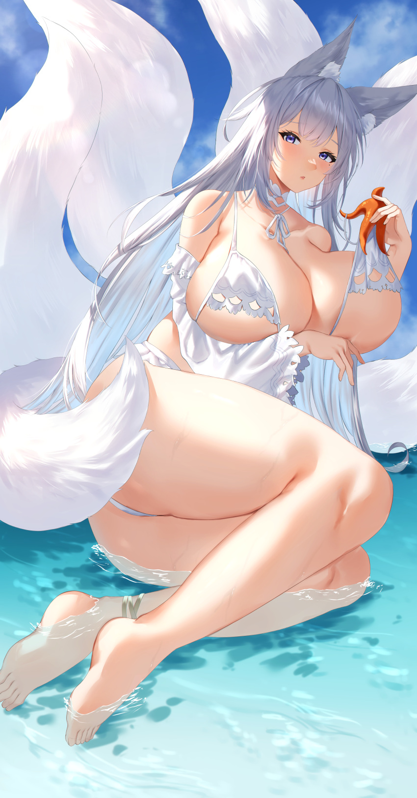 1girl absurdres animal_ears azur_lane bikini breasts day detached_sleeves fox_ears fox_girl fox_tail gigantic_breasts highres kayoubi_(tuesday_91) kitsune kyuubi large_tail long_hair looking_at_viewer multiple_tails official_alternate_costume outdoors purple_eyes shinano_(azur_lane) shinano_(dreamy_white_sands)_(azur_lane) solo starfish swimsuit tail untied_bikini very_long_hair water white_bikini white_hair white_tail