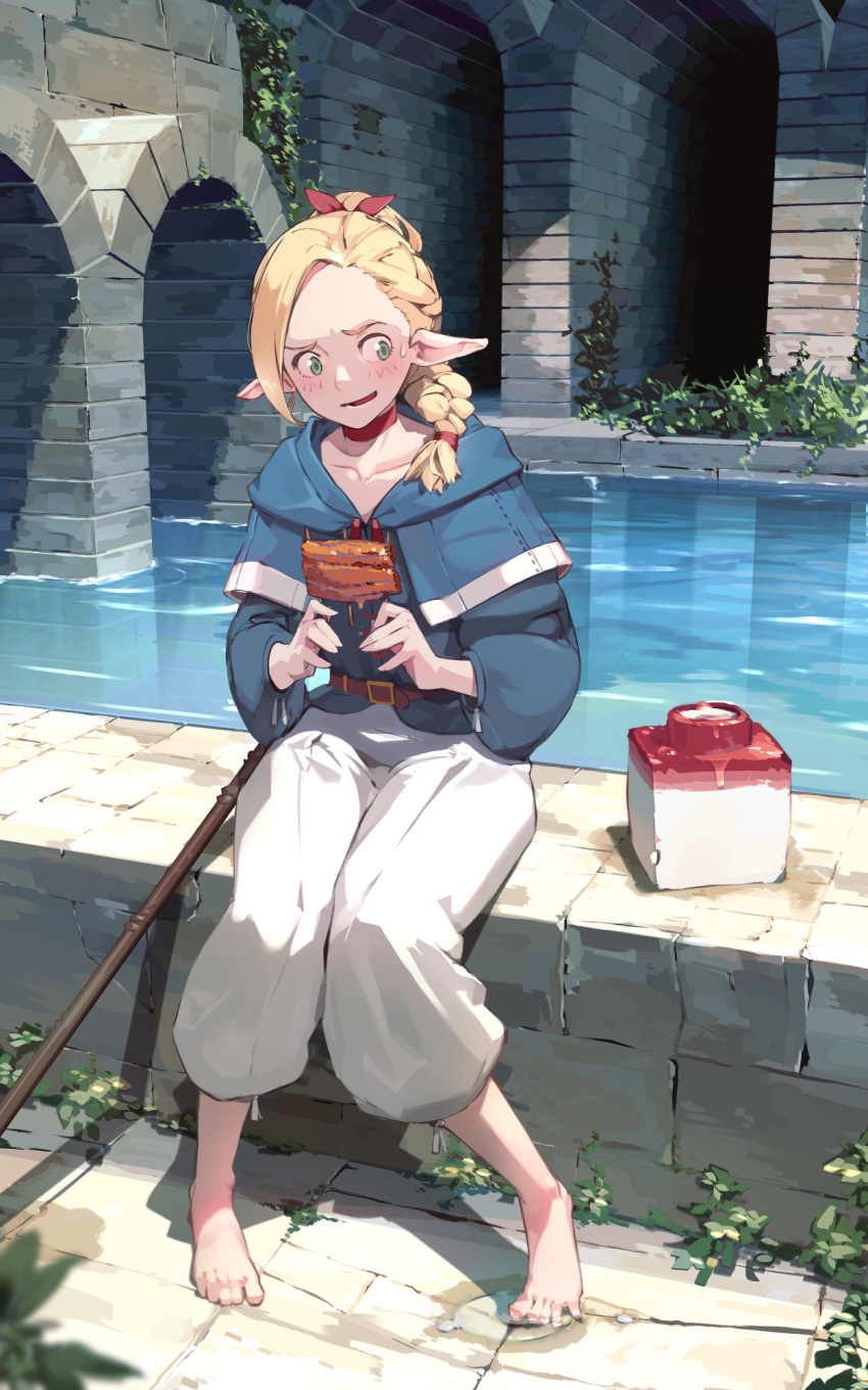 1girl barefoot blonde_hair blue_capelet blue_sweater blush braid braided_ponytail brown_pants canal capelet choker collarbone culottes dungeon_meshi elf flat_chest food forehead full_body green_eyes hair_ribbon highres holding holding_food hood hood_down hooded_capelet jar knees_together_feet_apart long_hair marcille meat on_wall pants pointy_ears red_choker red_ribbon ribbon ribs_(food) seuhyo99 sitting sitting_on_wall solo staff sweatdrop sweater toes white_pants