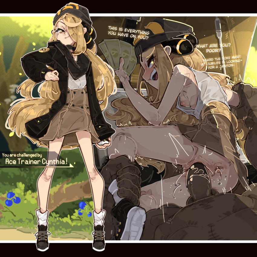 1boy 1girl black_coat black_headwear blonde_hair brown_skirt clothed_sex coat cynthia_(pokemon) dark-skinned_male dark_skin hair_over_one_eye highres holding holding_money long_hair looking_at_viewer money nipple_slip nipples penis pokemon sex shuuko_(s_h_uuko) skirt smirk vaginal yellow_eyes