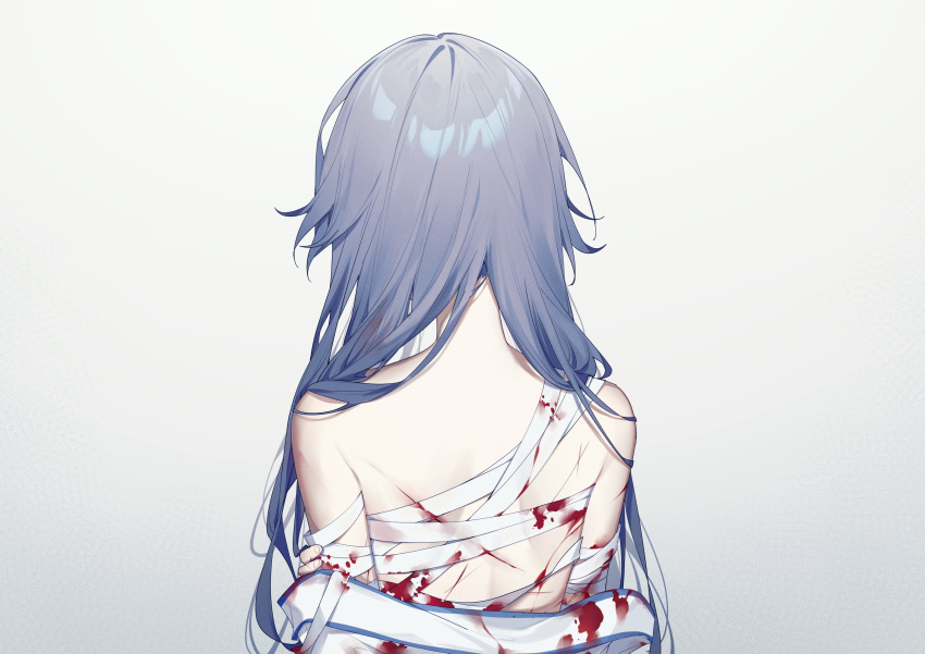 1girl absurdres bandaged_chest bandaged_torso blood clothes_removed fu_hua fu_hua_(azure_empyrea) fu_hua_(taixuan_impression) grey_hair hair_down hand_on_own_arm highres honkai_(series) honkai_impact_3rd injury long_hair parted_hair saya_atang scar scar_on_back simple_background solo upper_body white_background