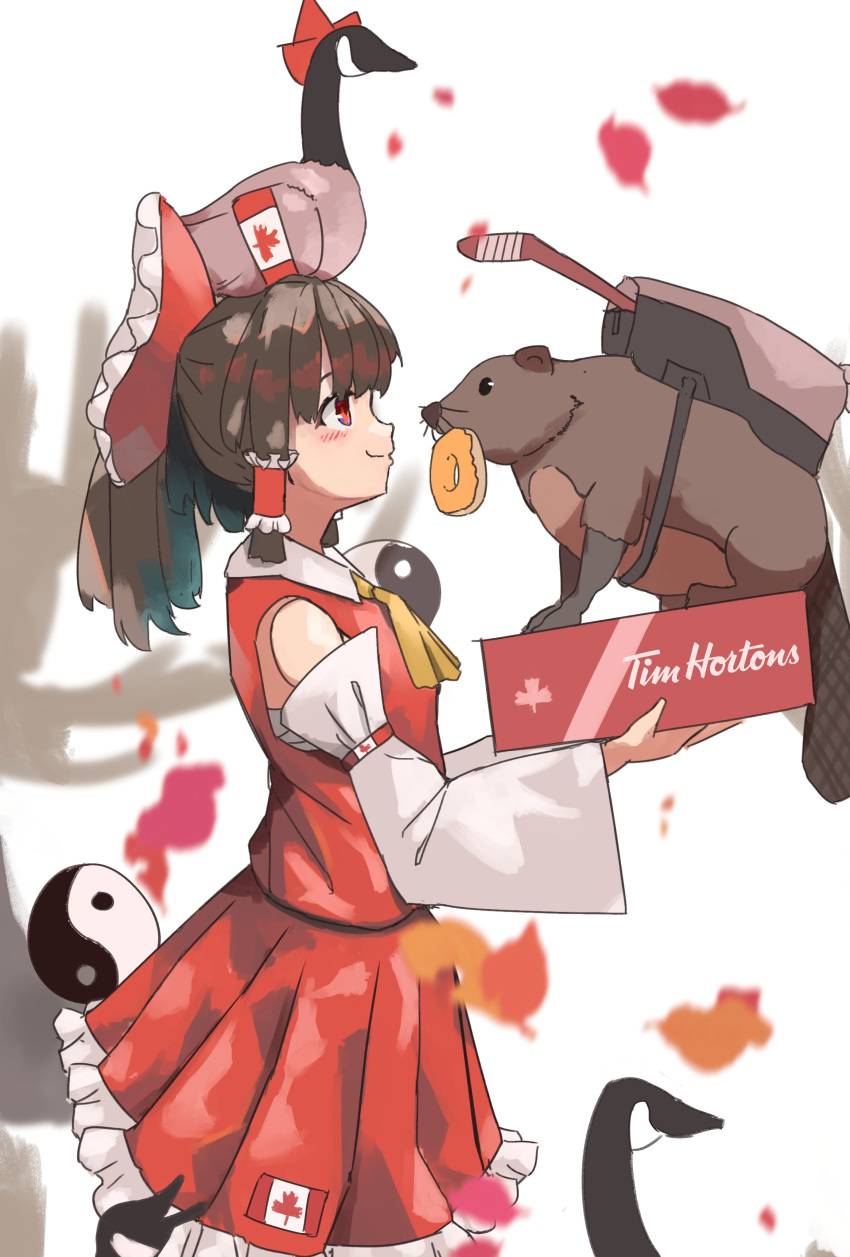 1girl absurdres animal_on_head beaver bird blush breasts brown_hair canada canada_goose canadian_flag commentary detached_sleeves doughnut english_commentary food frilled_skirt frills hair_tubes hakurei_reimu highres hockey_stick medium_hair on_head r/place red_eyes red_shirt red_skirt reddit sarashi shirt sidelocks simple_background skirt sleeveless sleeveless_shirt small_breasts smile tim_hortons touhou vanilla_flan white_background white_sleeves yin_yang