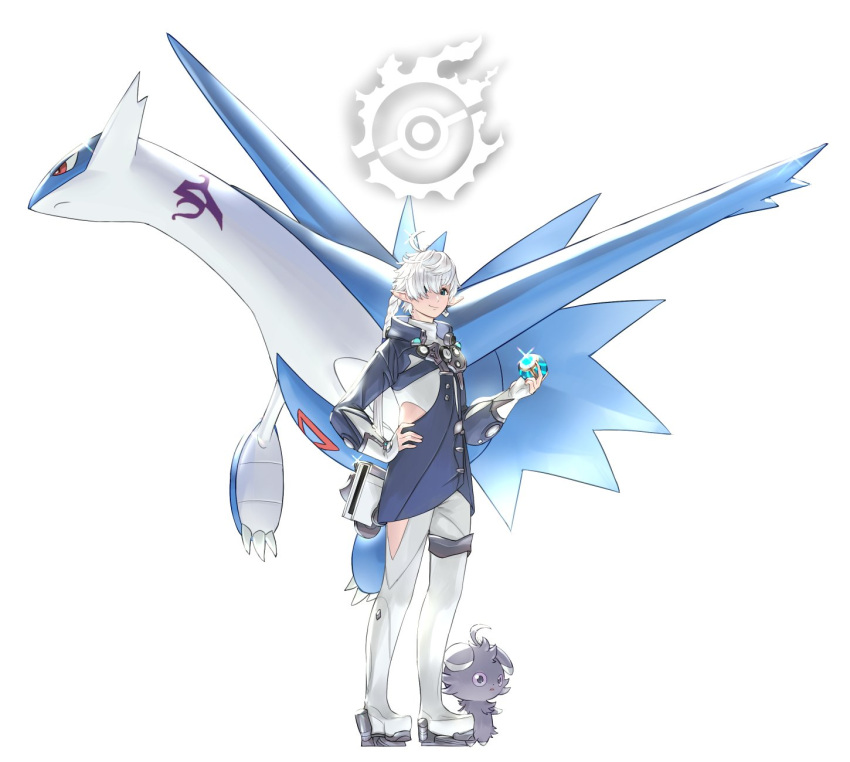 1boy ahoge alphinaud_leveilleur bangs blue_eyes crossover elezen elf espurr final_fantasy final_fantasy_xiv hair_over_one_eye highres latios long_hair pointy_ears poke_ball pokemon ponytail potion_lilac white_hair