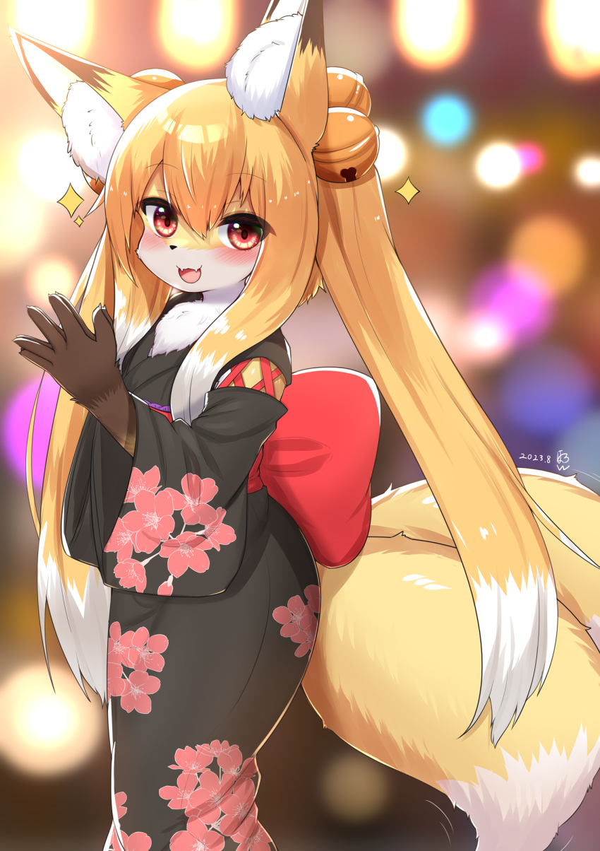 2023 2_tails accessory anthro asian_clothing blonde_hair blush brown_body brown_fur canid canine chest_tuft clothed clothing cute_fangs digital_media_(artwork) dipstick_ears dipstick_tail east_asian_clothing female female_anthro fluffy fox fur hair hair_accessory hi_res horokusa0519 japanese_clothing kemono kimono long_hair looking_at_viewer mammal markings multi_tail multicolored_body multicolored_ears multicolored_fur multicolored_hair multicolored_tail nio_(horokusa) open_mouth red_eyes solo tail tail_markings tongue tuft twintails_(hairstyle) white_body white_fur white_hair yellow_body yellow_fur