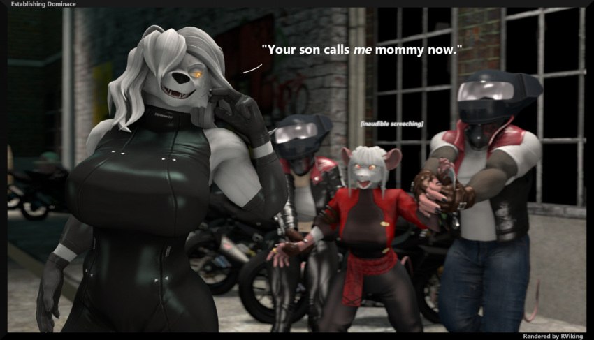 2022 3d_(artwork) 5_fingers anthro bear big_breasts black_nose breasts clothed clothing dialogue digital_media_(artwork) english_text female fingerless_gloves fingers fur gloves group hair hair_over_eye handwear holding_arm humanoid_hands male mammal mature_anthro mature_female motorcycle murid murine nataliya_(petruz) one_eye_obstructed open_mouth open_smile petruz_(copyright) polar_bear rat rat_(petruz) reindeerviking rodent screaming shizu_(petruz) smile source_filmmaker taunting teeth text tongue ursine vehicle white_body white_fur white_hair