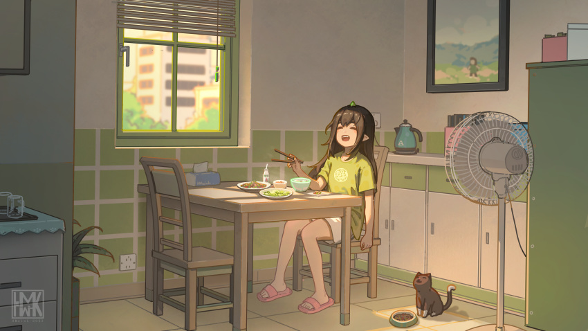1girl absurdres bowl brown_hair cat chair chopsticks closed_eyes dining_room electric_fan electric_kettle elf food green_shirt highres holding holding_chopsticks horns hua_ming_wink kettle long_hair napkin_holder open_mouth original painting_(object) pet_bowl plant pointy_ears refrigerator shirt shorts single_horn slippers solo table white_shorts window