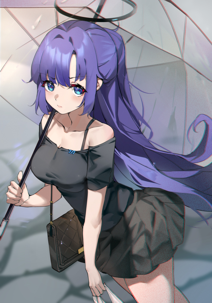 1girl absurdres alternate_costume bag black_shirt black_skirt blue_archive breasts cleavage closed_mouth cowboy_shot halo highres holding holding_umbrella large_breasts long_hair looking_at_viewer mechanical_halo pleated_skirt ponytail purple_eyes purple_hair sakanafish shirt shoulder_bag skirt solo umbrella yuuka_(blue_archive)