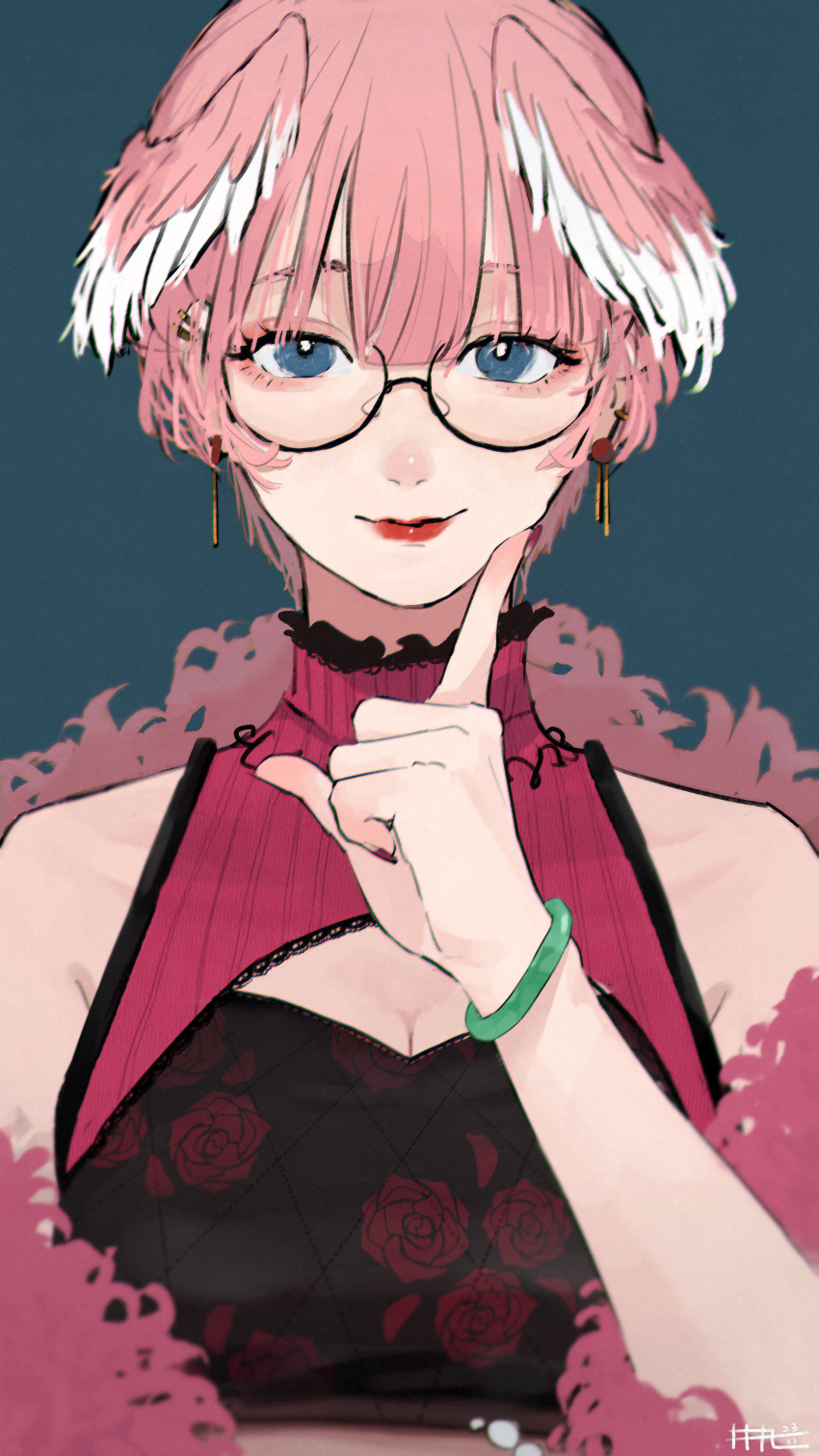 1girl absurdres bare_shoulders blue_eyes bracelet breasts cleavage cleavage_cutout clothing_cutout dress earrings feather_boa floral_print frills glasses green_bracelet hand_on_own_face head_wings highres hololive jewelry kafan light_smile lipstick looking_at_viewer makeup pink_hair red_dress red_lips round_eyewear short_hair simple_background smile solo takane_lui virtual_youtuber wings