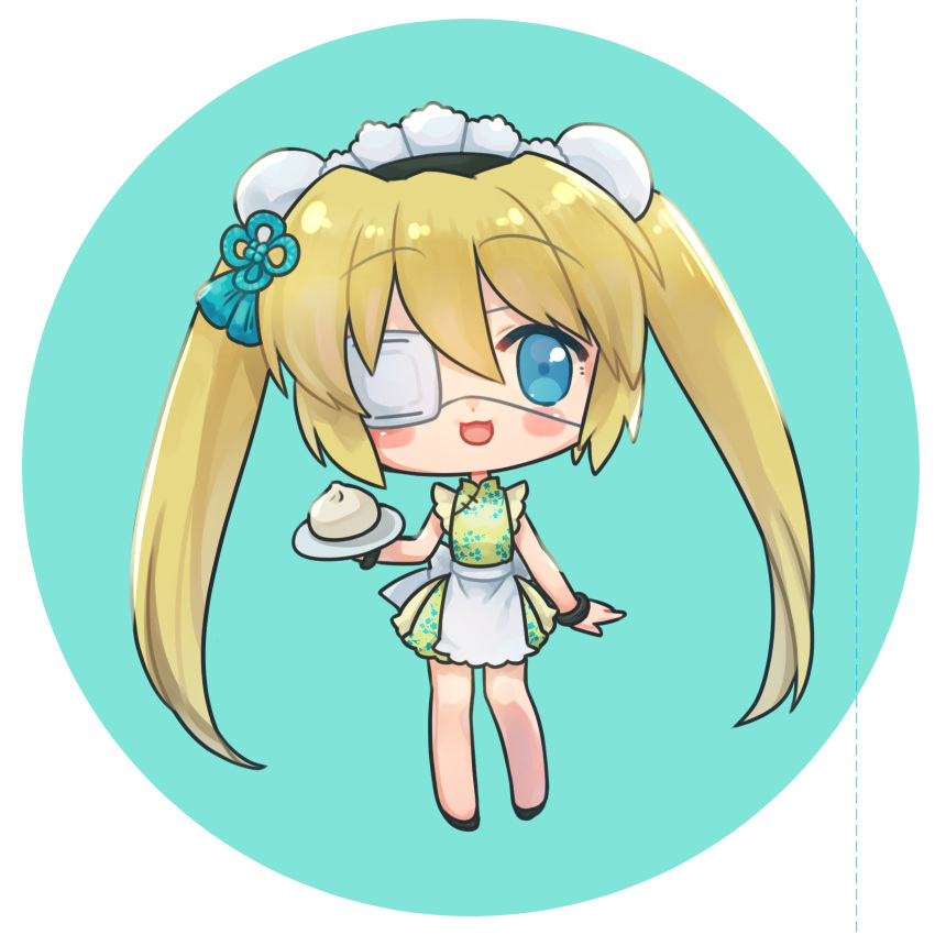 1girl :3 :d alternate_costume apron aqua_background back_bow baozi blonde_hair blue_eyes blush_stickers bow china_dress chinese_clothes commentary_request double_bun dress enmaided eyepatch food frilled_apron frills hair_between_eyes hair_bun hair_ornament highres holding holding_tray long_hair looking_at_viewer maid maid_day maid_headdress may_salamanya nakatsu_shizuru one_eye_covered open_mouth rewrite short_dress simple_background smile solo tassel tassel_hair_ornament tray twintails very_long_hair wa_maid white_apron white_bow yellow_dress