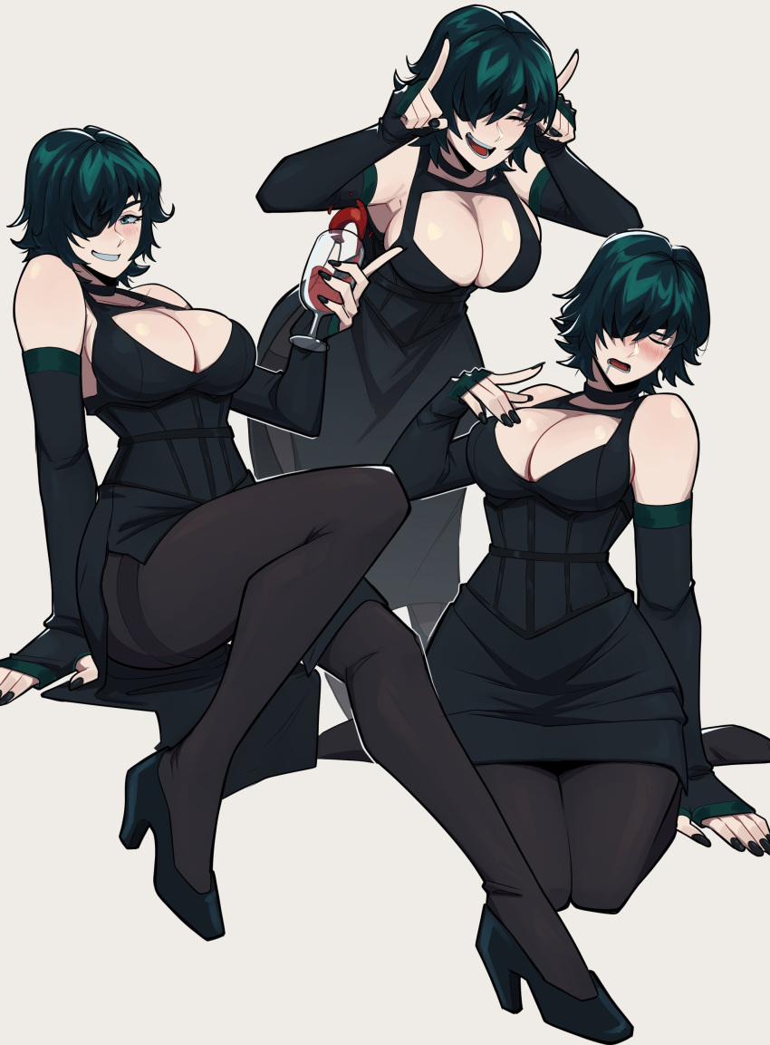 1girl absurdres aneurysm_ax bare_shoulders black_dress black_pantyhose blush breasts chainsaw_man cleavage cup dress drinking_glass eyepatch green_eyes green_hair highres himeno_(chainsaw_man) large_breasts multiple_views nail_polish pantyhose short_hair simple_background smile teeth wine_glass