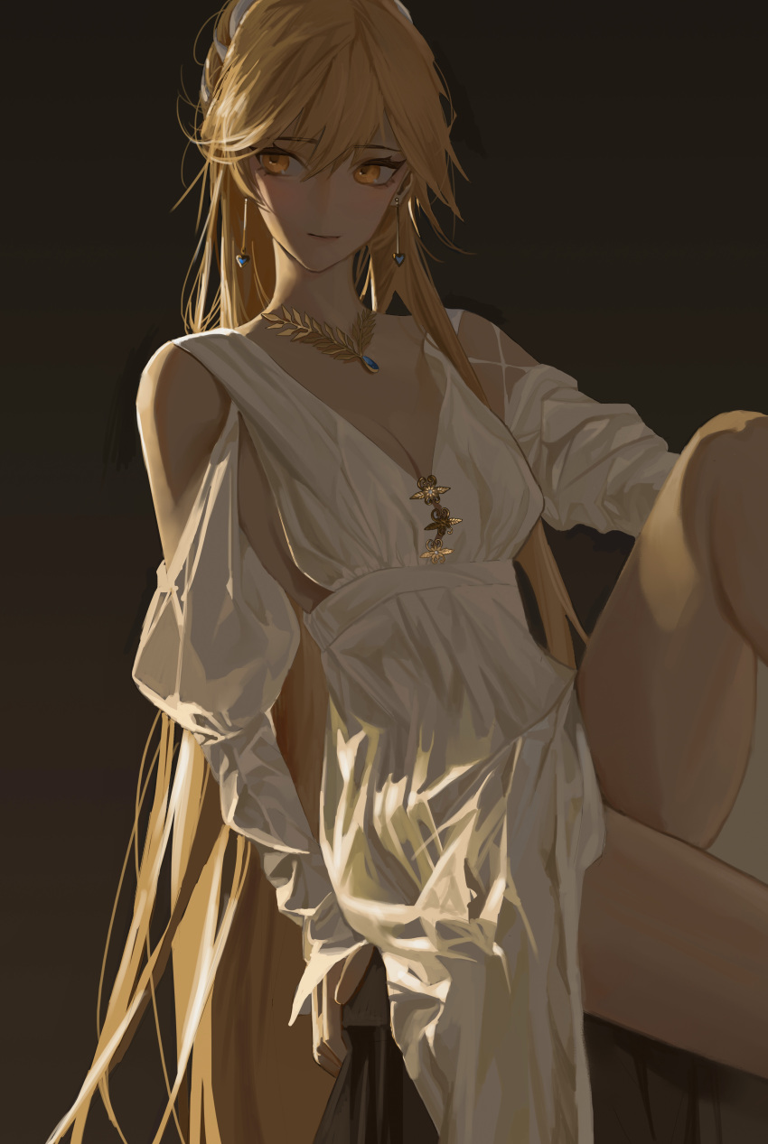 1girl absurdres aquamarine_(gemstone) arm_support backless_dress backless_outfit bare_legs blonde_hair breasts chinese_commentary cleavage clothing_cutout commentary dangle_earrings dress earrings girls'_frontline hair_between_eyes heart heart_earrings highres jewelry jidian967 leaf_necklace leg_up light_blush long_sleeves looking_to_the_side low-cut medium_breasts official_alternate_costume ots-14_(destined_love)_(girls'_frontline) ots-14_(girls'_frontline) puffy_long_sleeves puffy_sleeves shoulder_cutout sideboob sitting solo thighs white_dress yellow_eyes