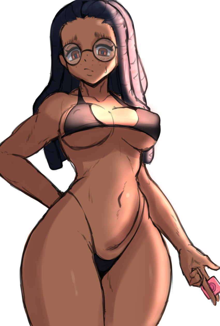 1girl absurdres arm_behind_back bikini black_bikini borrowed_character breasts brown_eyes cleavage condom covered_nipples cowboy_shot dark-skinned_female dark_skin dreadlocks expressionless gigi_(whoopsatro) glasses highres holding holding_condom looking_at_viewer medium_breasts navel nyapii original round_eyewear simple_background solo swimsuit very_dark_skin white_background