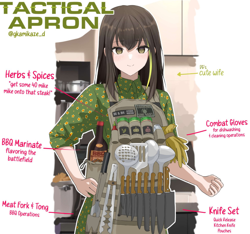 1girl apron black_hair blush brown_eyes collared_shirt cooking_pot dgkamikaze english_commentary english_text floral_print girls'_frontline gloves green_hair hand_on_own_hip highres kitchen kitchen_knife long_hair looking_at_viewer m4a1_(girls'_frontline) multicolored_hair sauce shirt sleeves_rolled_up smile spatula streaked_hair tongs twitter_username