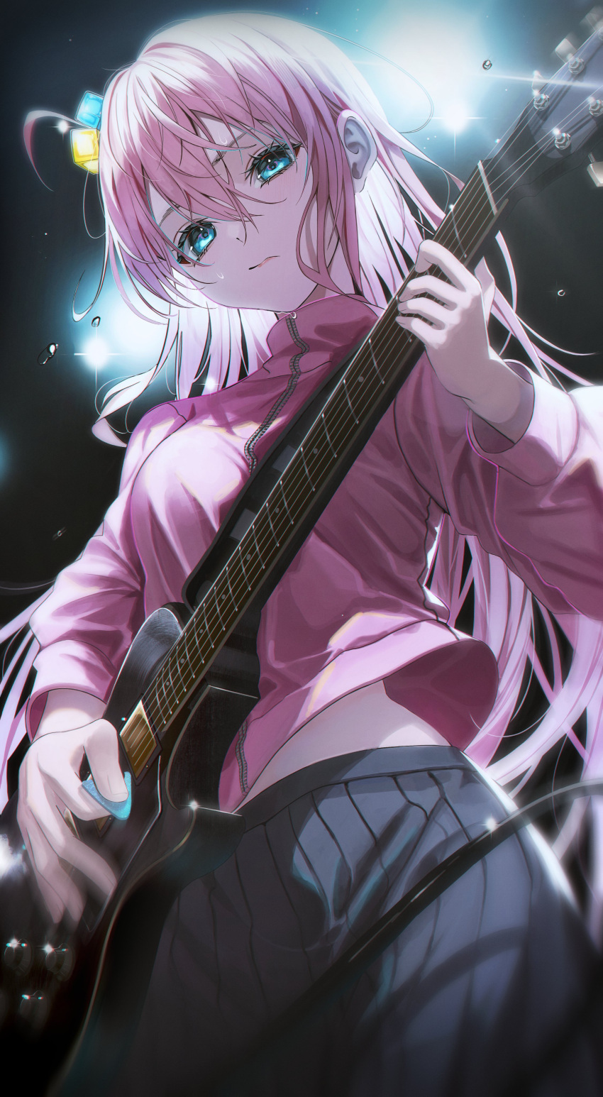 1girl absurdres aqua_eyes blurry bocchi_the_rock! closed_mouth commentary cube_hair_ornament depth_of_field double-parted_bangs electric_guitar gotoh_hitori grey_skirt guitar hair_between_eyes hair_ornament highres holding holding_plectrum instrument jacket long_hair long_sleeves looking_at_viewer looking_down midriff_peek music noubin one_side_up pink_hair pink_jacket playing_instrument pleated_skirt plectrum serious skirt solo stage_lights sweatdrop track_jacket upper_body