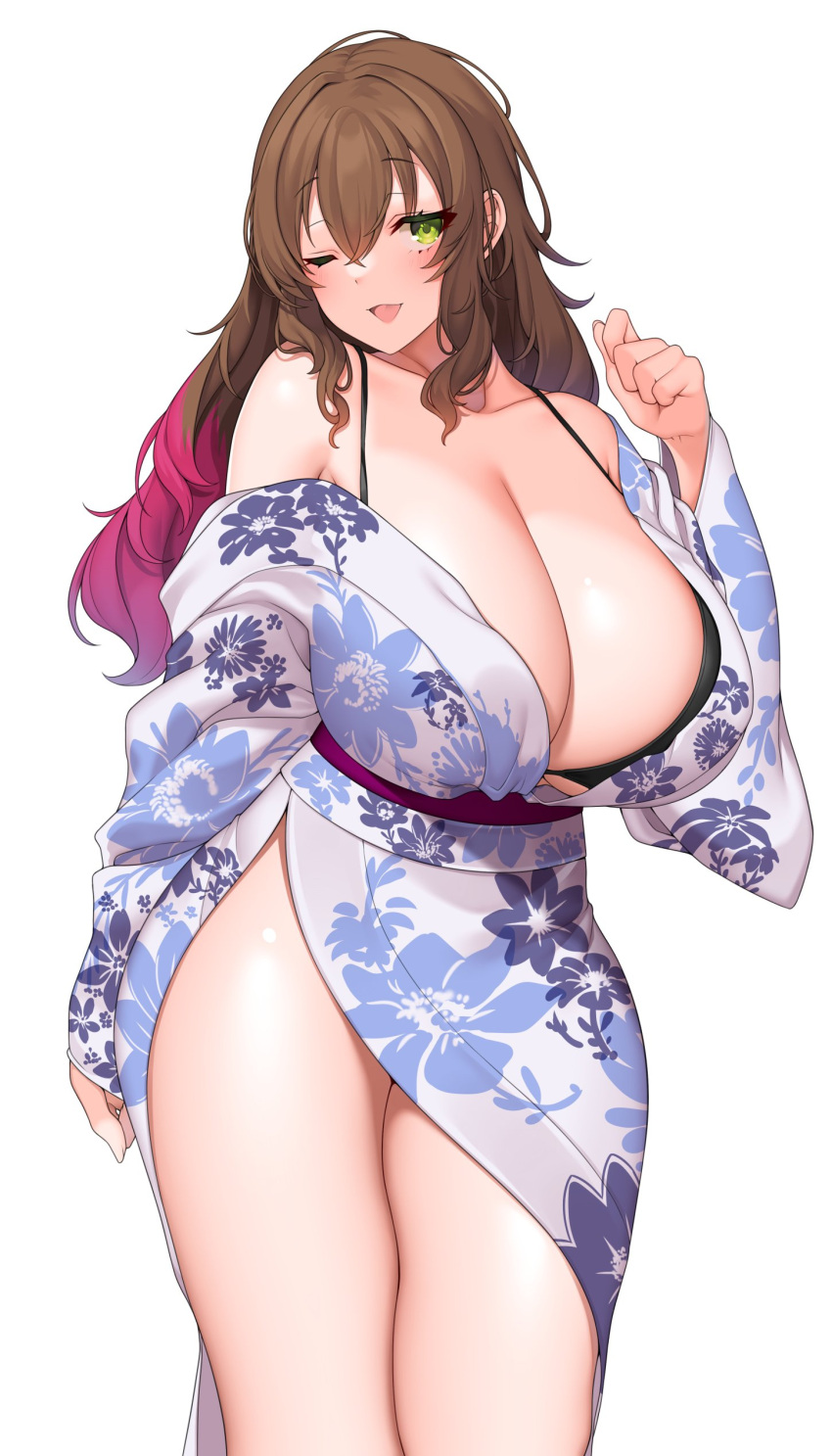 1girl absurdres blush bra breasts brown_hair cowboy_shot green_eyes hair_between_eyes highres huge_breasts japanese_clothes kimono long_hair looking_at_viewer multicolored_hair obi one_eye_closed open_mouth original pink_hair sash simple_background smile solo standing suruga_(xsurugax) thighs underwear white_background